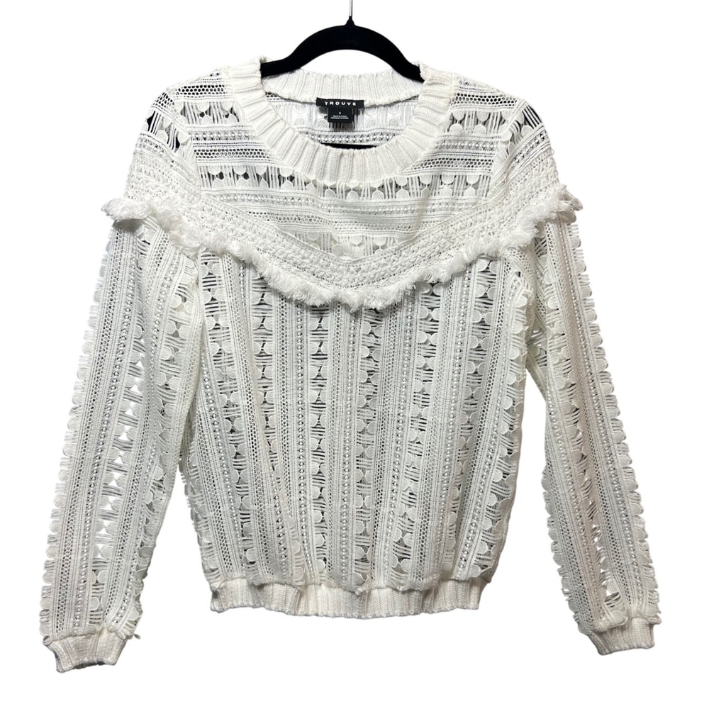 Trouvé Top Sheer Crochet‎ Knit Sweater Ruffle Trim Long Sleeve White Size S